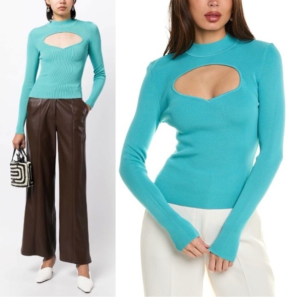 STAUD 90s Turquoise Rib Knit Mockneck Heart Cutout Long Sleeve Slim Fit Top XS - Picture 2 of 12